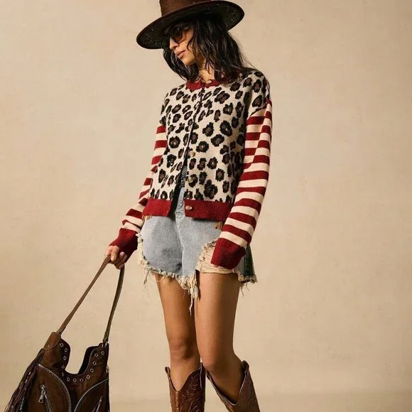 leopard & striped Casual Women's knit sweater cardigan - Picture 3 of 7